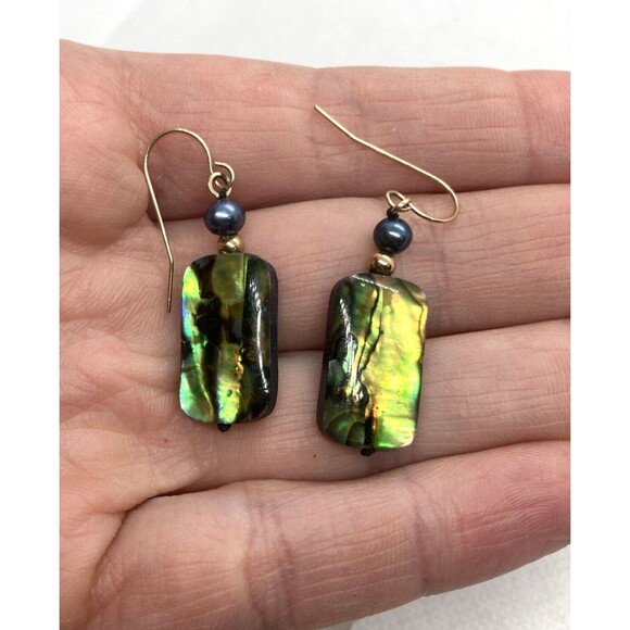 Vintage 10K Yellow Gold Abalone Shell Pearl Dangle Drop Earrings 2.2g - Picture 6 of 8